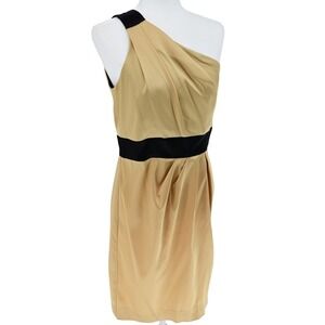 Donna Ricco Stretch Satin Gold Black One Shoulder Sheath Dress Holiday Chic